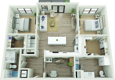 Floor plan for 2 beds, 2 baths, 1307 sqft